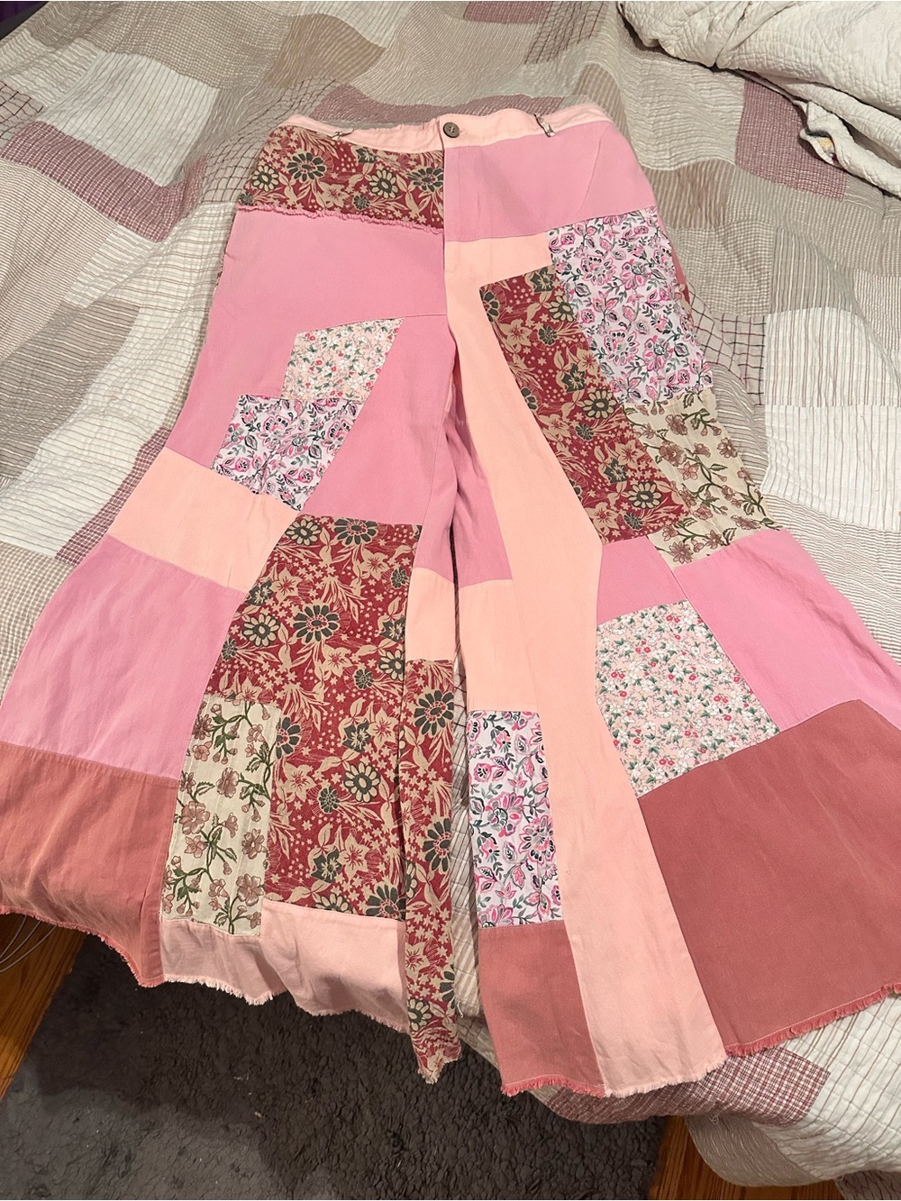 Pink Patchwork Wide-Leg Pants – Floral Panel Design